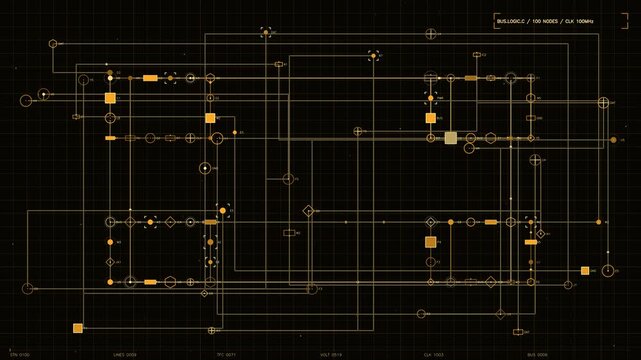 Futuristic amber HUD interface displaying complex circuit logic and technical data telemetry on grid