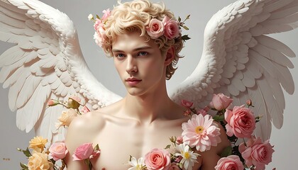 Statue of winged male figure flowers.