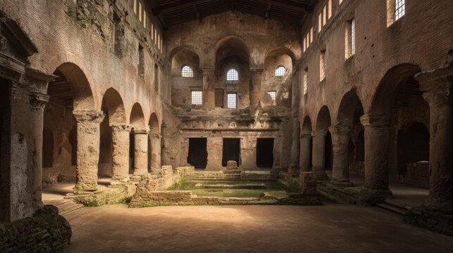 domus. Sunlight streams into an ancient Roman atrium, illuminating a square impluvium pool. real-estate listings, architecture portfolios, designed for interior renovation comparisons for interiors.