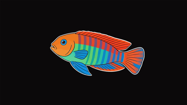 Colorful Striped Marine Cichlid Illustration on Black Background