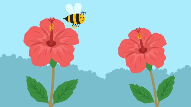 Animation illustrating bee pollination process between flowers, showing pollen transfer and the role of bees in plant reproduction and ecosystem balance.