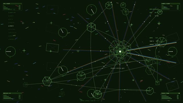 Futuristic HUD interface displaying primary crystal lattice data with rainbow light refraction telemetry
