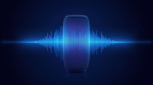 Smart speaker voice assistant audio device glowing with soundwave visualization in blue