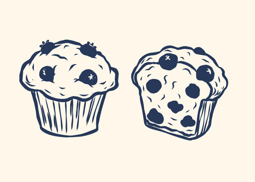 Hand Drawn Blueberry Muffin Front and Side View Sketch Collection Set