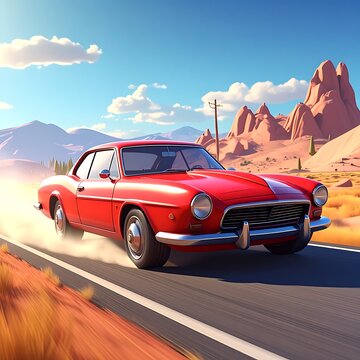 Red vintage car speeding desert road.