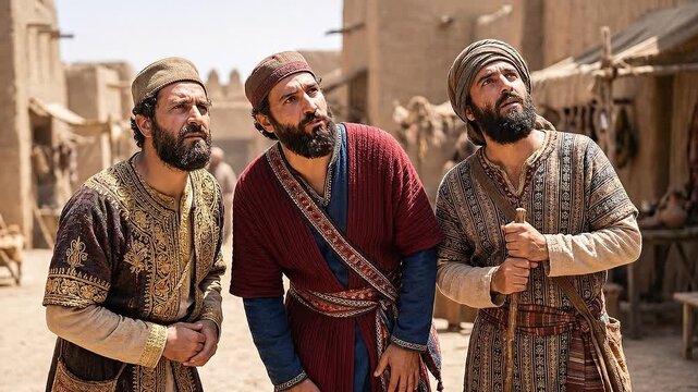 Men in elaborate ancient garments of Parthians Medes and Elamites listening