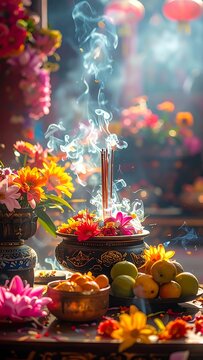 Vibrant Hindu Puja Ceremony Setup.