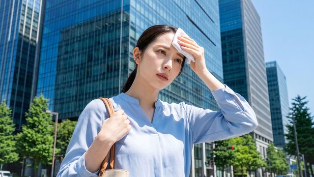 真夏のオフィス街でタオルを額に当てながら暑さに疲れた表情を見せる若い女性、強い日差しと高温の都市環境を表現した猛暑・熱中症対策・通勤イメージ
