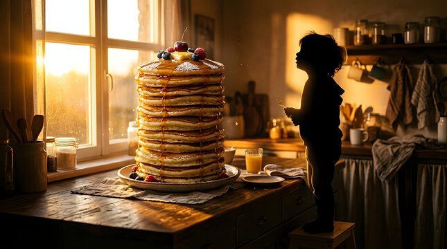 A stack of pancakes on table.