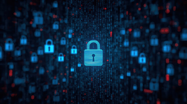 Blue digital padlock security icon over encrypted data stream evoking cybersecurity