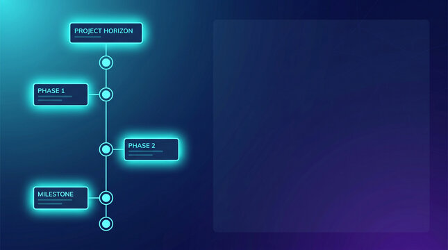 Futuristic digital project management timeline with glowing neon milestones and phase blocks on a dark blue background representing corporate strategy and business workflow planning