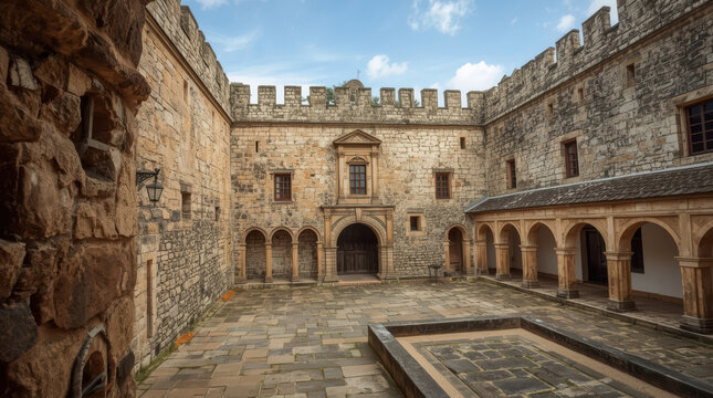Historic castle courtyard with stone arches, cloister walkway, battlement walls, serene