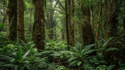 Obraz premium Dense rainforest jungle scene with giant tree trunks and lush ferns evoking calm green atmosphere