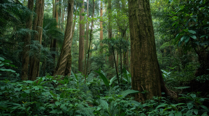 Obraz premium Dense rainforest jungle with towering tree trunks and lush undergrowth, serene green atmosphere