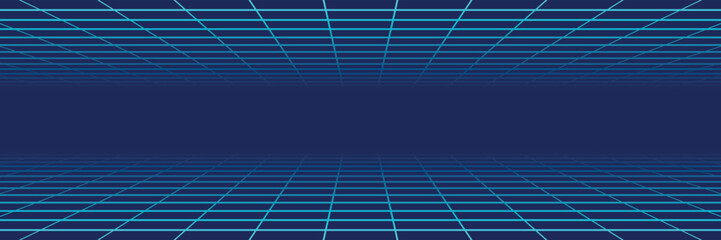 Blue neon perspective grid surface forming dynamic diagonal composition on dark background, abstract digital landscape with glowing lines representing technology, motion, and futuristic virtual space © SpainArts