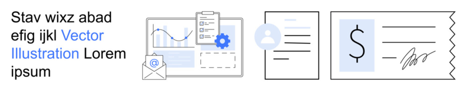 Business analytics, financial documents, account setup, technology, digital tools, communication. Graphic of charts, user profiles and invoices. Business analytics and financial documents concept