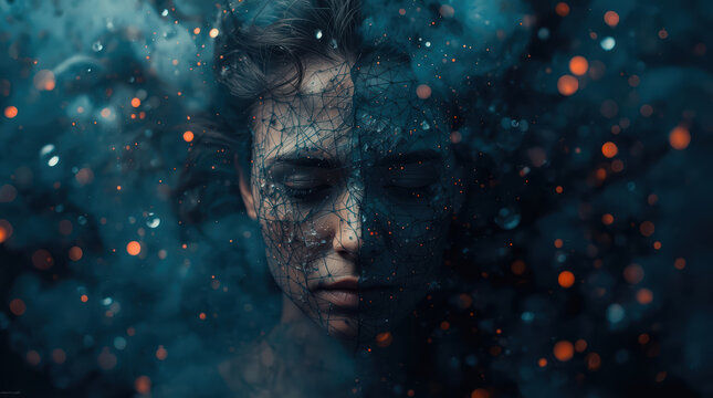 Young person portrait with fractured mesh overlay and moody bokeh atmosphere