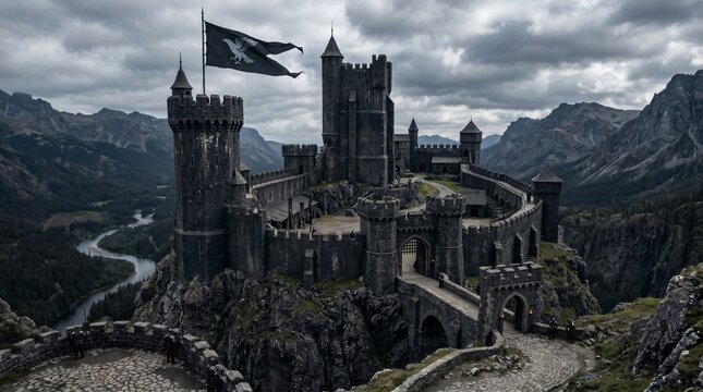 Dark stone castle on a rocky mountain landscape under a cloudy sky with a flag