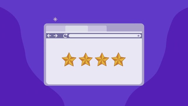 Flat design animation of web browser showing four star rating on purple background.