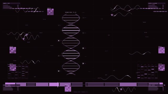 Genomic sequencing HUD interface featuring purple DNA double helix and medical data visualization elements