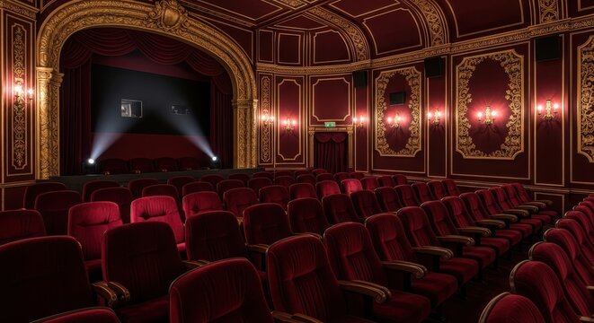 Luxurious burgundy velvet theater interior with ornate gilded details and an illuminated stage