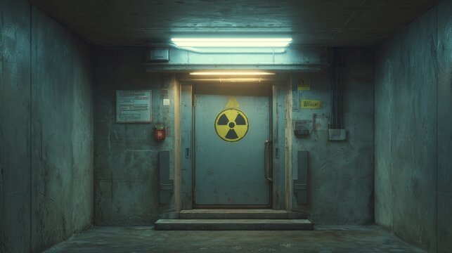 Nuclear radiation warning sign on heavy metal door in bunker corridor