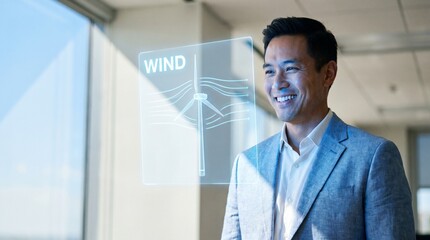 Fototapeta premium Premium Smiling Asian Businessman Looking at AR Wind Turbine Hologram Copyspace