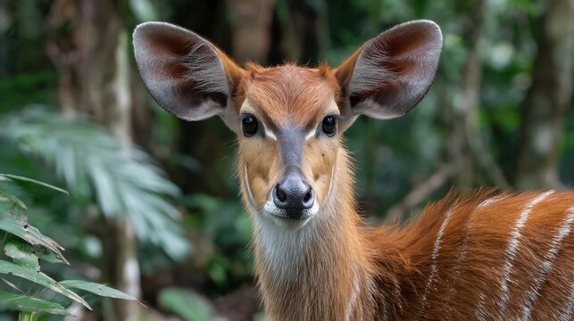 Young bushbuck antelope gazing at camera in tropical forest