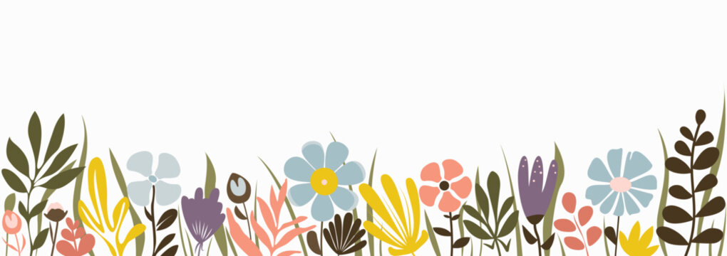 Beautiful spring, summer, fall meadow, colorful flowers and grass border on white background, vector illustration