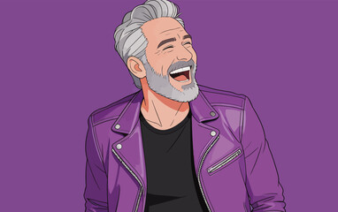 Fototapeta premium Joyful Senior Man in Purple Leather Jacket Smiling