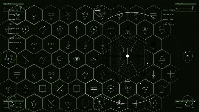 Futuristic hive mind interface with green hexagonal grid and tactical biological telemetry data