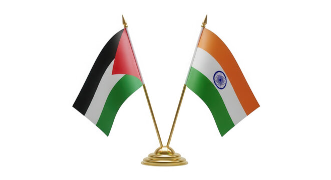 Palestine and india flags on small desk poles for diplomatic relations isolated on transparent background