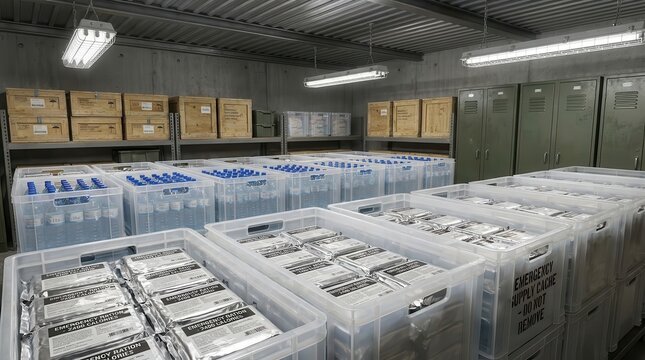 Organized emergency supply cache containing sealed water bottles and packaged rations in a climate-controlled storage facility