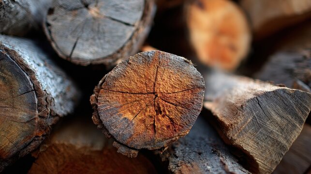 Stacked firewood logs close-up showing wood grain and cracks