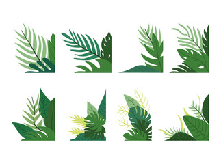 Fototapeta premium A collection of tropical plant corner decoration illustrations featuring lush leaves and natural botanical elements.