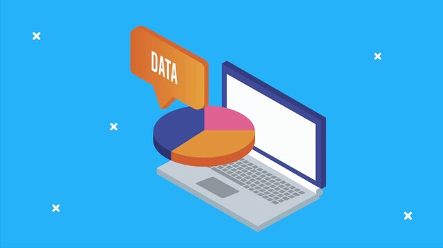 Isometric data analysis animation with laptop and colorful pie chart appearing in speech bubble for business presentation.