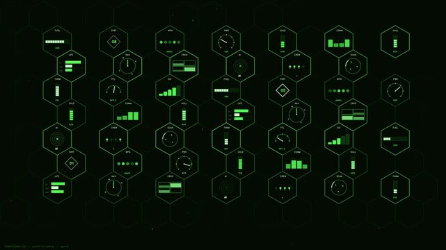 Green futuristic HUD interface with hexagonal telemetry data tactical cockpit readouts and mission control display