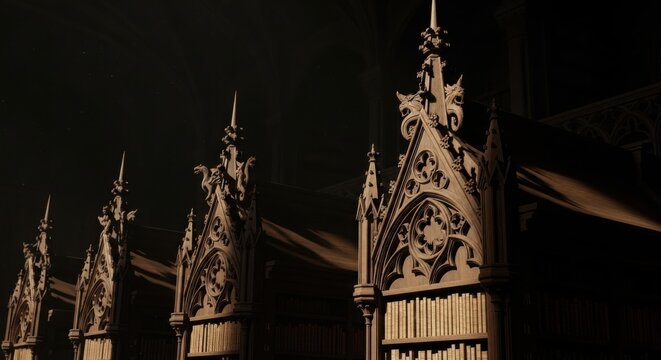 Intricate Gothic architectural finials adorn the tops of ornate stone structures showcasing detailed medieval craftsmanship.