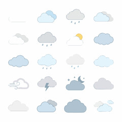 Obraz premium Clean vector weather icons, illustrating diverse atmospheric conditions and climate concepts for digital applications, featuring sun, clouds, rain, and snow for forecasts