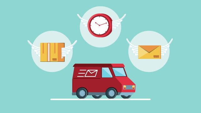 Delivery van transport animated motion graphic with flying clock box and mail parcel over blue background.