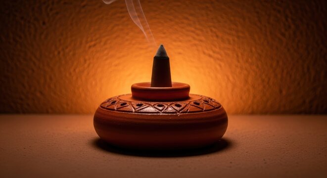 Small ornate ceramic incense burner with a conical cone releasing wisps of smoke, illuminating a warm textured background