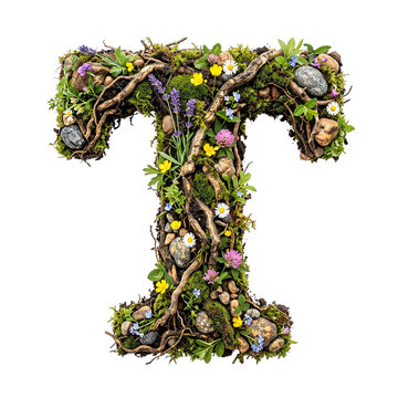 Letter T Made of Natural Elements with Moss, Twigs, Flowers, and Stones