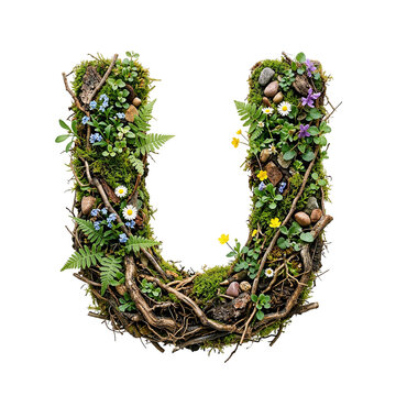 Letter U Made of Natural Elements with Moss, Twigs, Flowers, and Stones