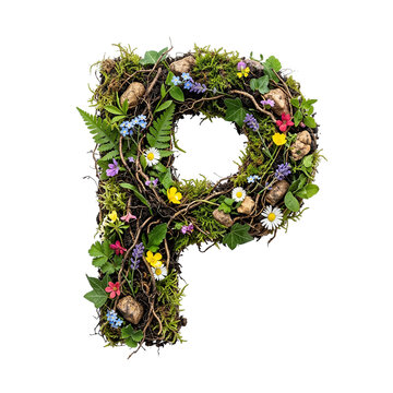 Letter P Made of Natural Elements with Moss, Twigs, Flowers, and Stones