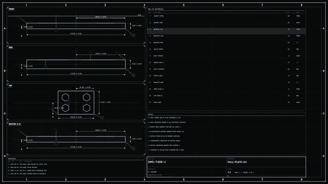 Futuristic technical blueprint interface showing mechanical hull plate assembly with interactive bill of materials and data