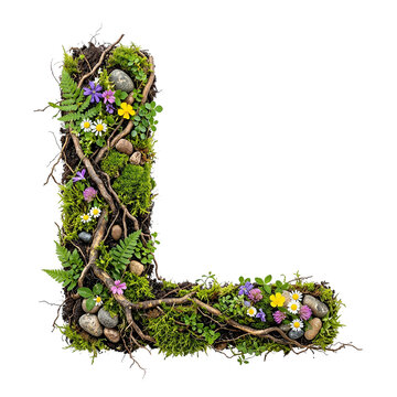 Letter L Made of Natural Elements with Moss, Twigs, Flowers, and Stones