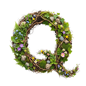 Letter Q Made of Natural Elements with Moss, Twigs, Flowers, and Stones