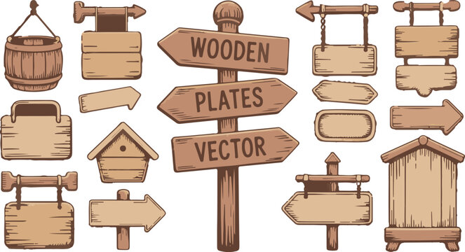 Wooden signs and plates vector illustration set with various directional arrows and labels