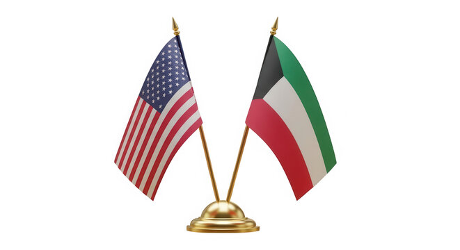 American and kuwaiti flags on a gold desk stand isolated on transparent background