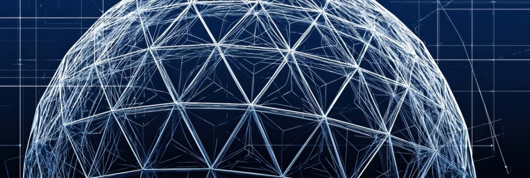 Blueprint render displays a cutaway view of a geodesic sphere structure highlighting its internal support geometry and detailed dimension annotations.
